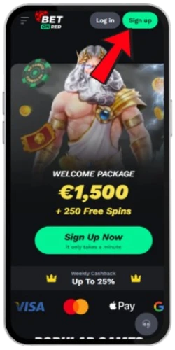 Bannière du pack de bienvenue et bouton d'inscription sur BetOnRed mobile