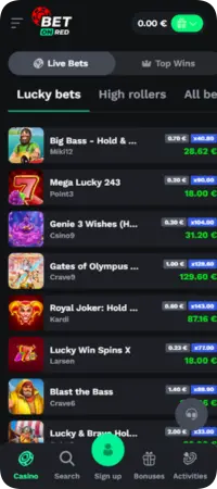 Liste des gains récents des utilisateurs sur différents jeux de la plateforme BetOnRed.