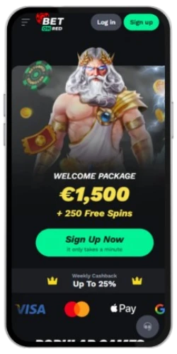Interface d'accueil mobile de BetOnRed avec les boutons d'inscription et de bonus.