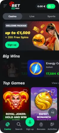 Interface mobile BetOnRed affichant la bannière de bienvenue et les jeux populaires.