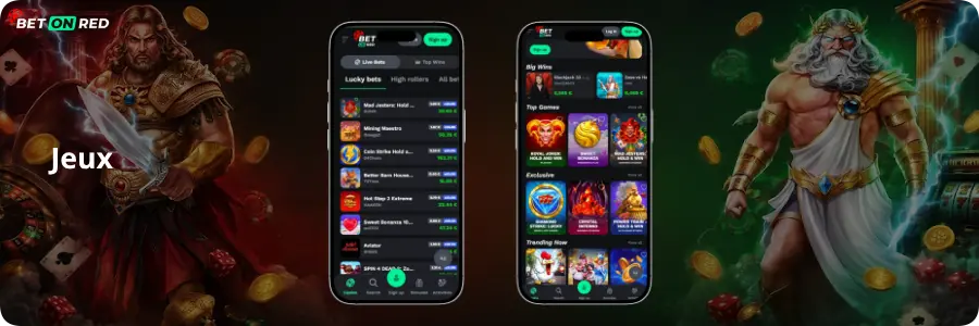 Interface mobile BetOnRed montrant la diversité du catalogue de plus de 6 000 jeux